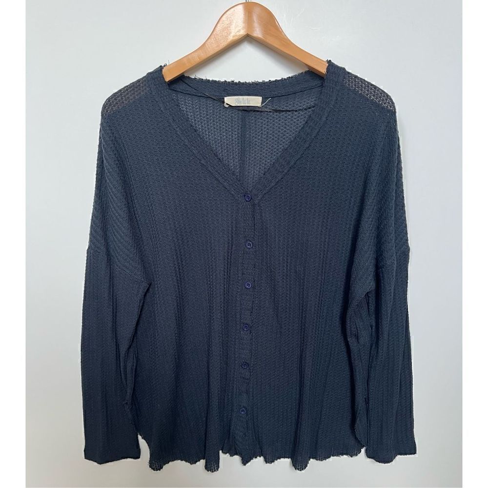 She La La Waffle Knit Cardigan Sweated V Neck Slouchy Loose Fit Navy size M